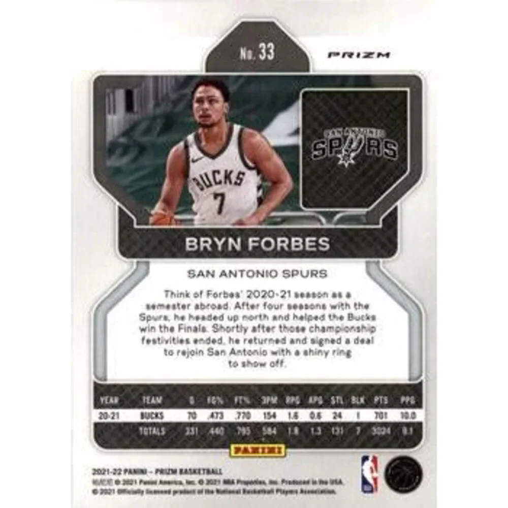 2021-22 Panini Silver Prizm Bryn Forbes 33 San Antonio Spurs